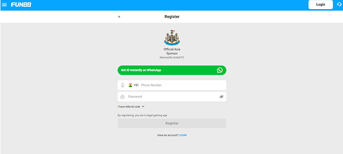 Fun88 quick registration page